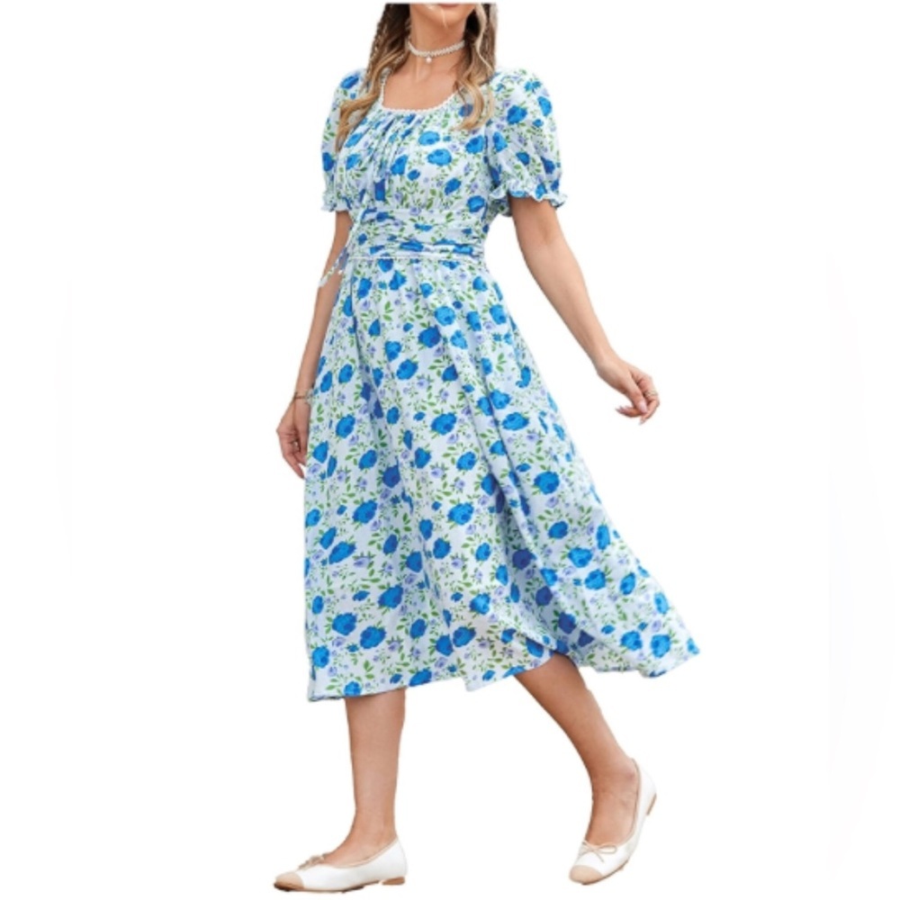 Scarlet Darkness Cottagecore blue roses floral dress puff sleeve midi dress